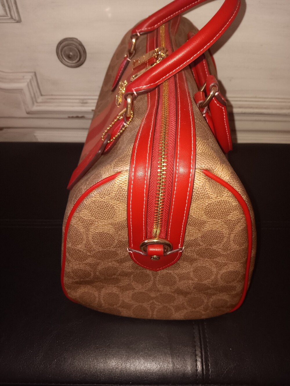 Coach Large Rowan Pink And Red Stripe Tan Signature With Wristlet And Strap - Picture 8 of 15